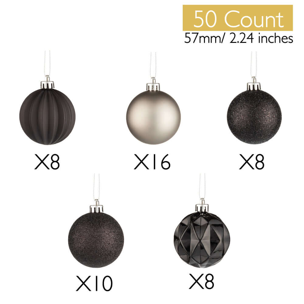 Every Day is Christmas Ornaments, Shatterproof Christmas Tree Ornament Set,  Christmas Balls Decoration 50 Count (2.24/57mm, Black Grey)