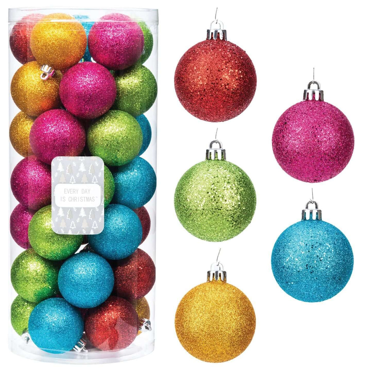 Plastic Every Day is Christmas Ornaments 48ct 40mm Glitter Rainbow