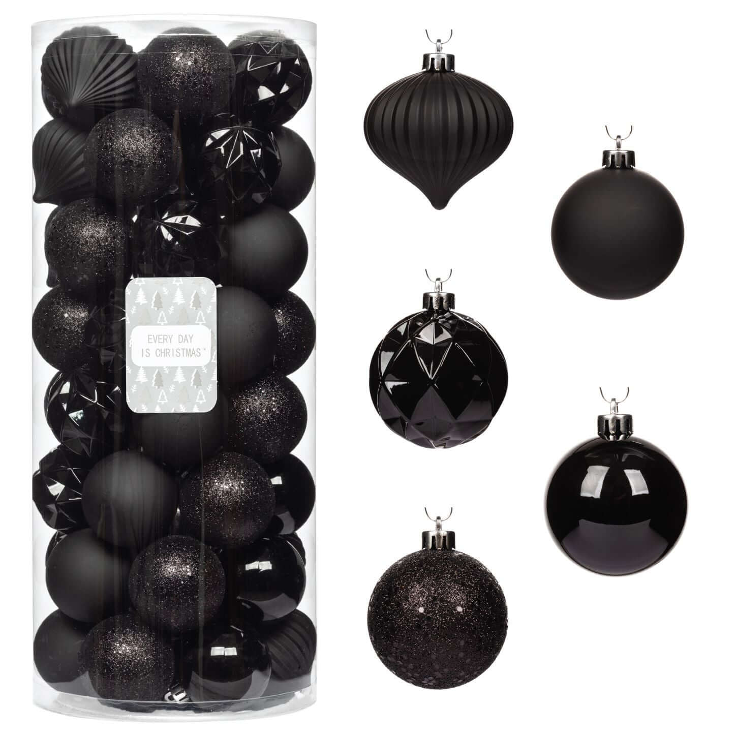 Every Day Is Christmas 50ct 57mm/ 2.24' Christmas Ornaments, Shatterproof Christmas Tree Ornaments Set, Christmas Balls Decoration (New Black)
